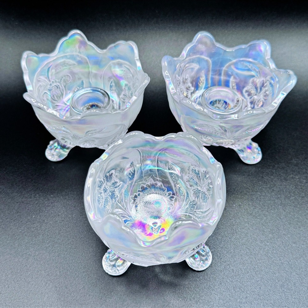 Imperial Iridescent White Carnival Glass Vtg. Floral Candle Console Set 3 Footed